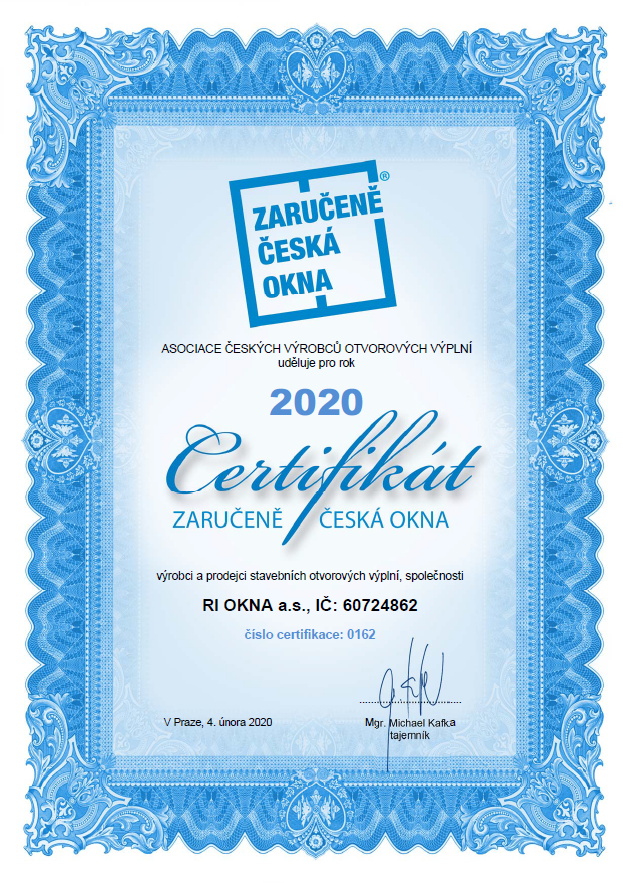 Certifikát Zaručeně česká okna 2020